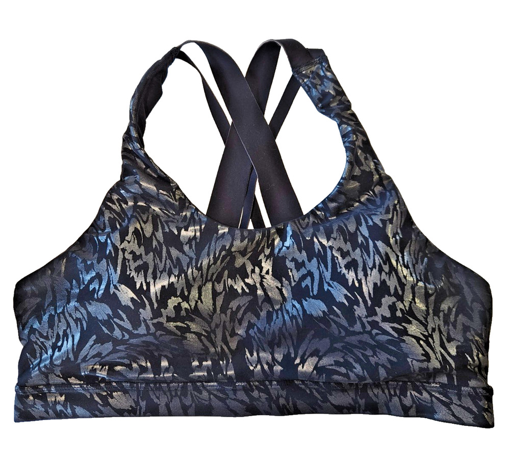 Old Navy PowerSoft Sports Bra XL Black Silver Metallic Foil Strappy Crossback